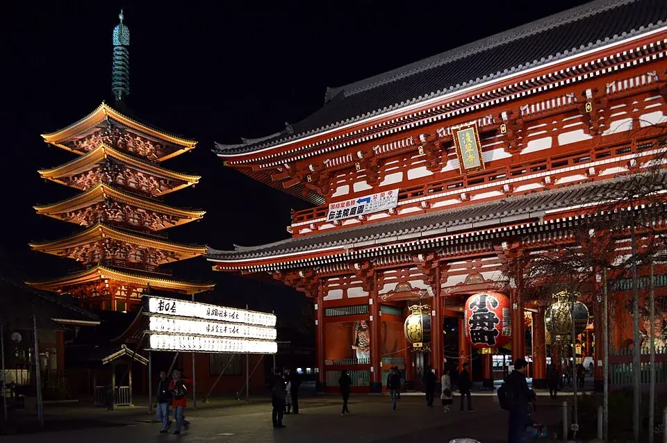 Senso-ji’s five-storey pagoda and Hozomon gate lit up at night