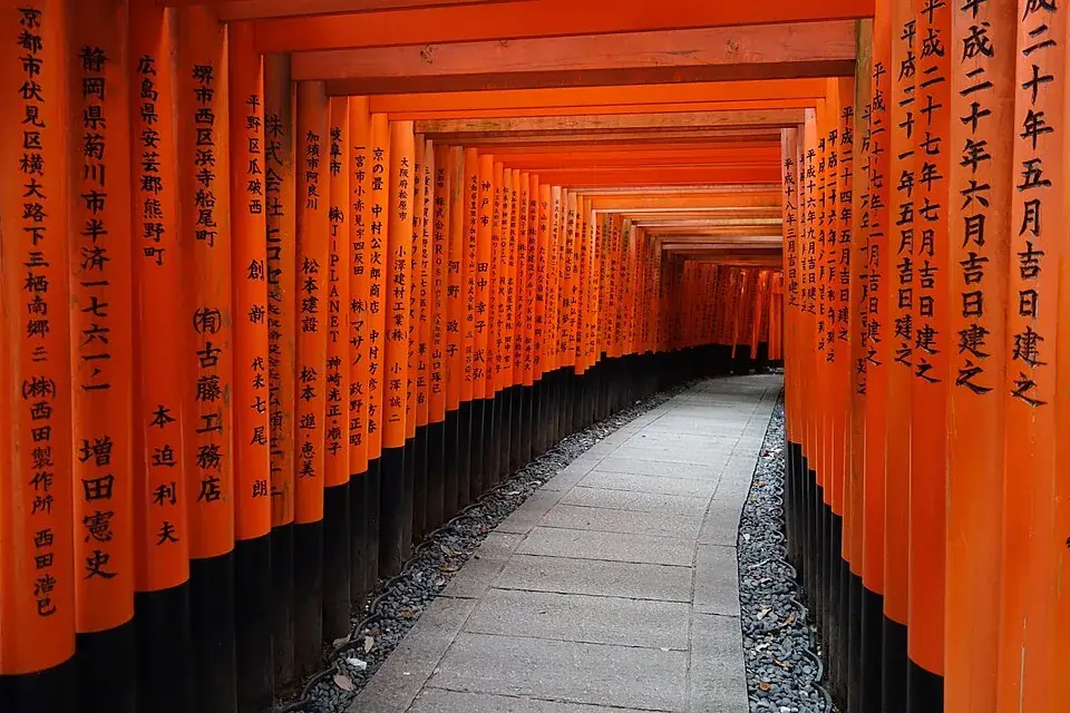 A path through the tunnel of vermilion torii gates at Fushimi Inari Taisha