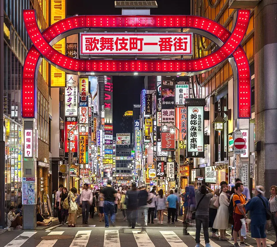 Kabukicho’s red gate and neon street signs in Shinjuku at night